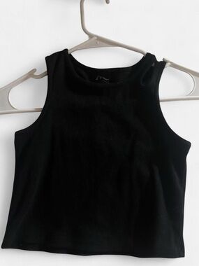 Black Ribbed Crop Tank Top With Cut Out Design on Left (right in pic) - Women